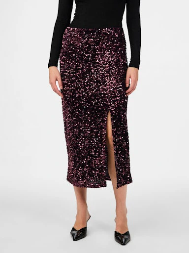 ATIVO Sequin Split Skirt in Burgundy Plum - Image 2