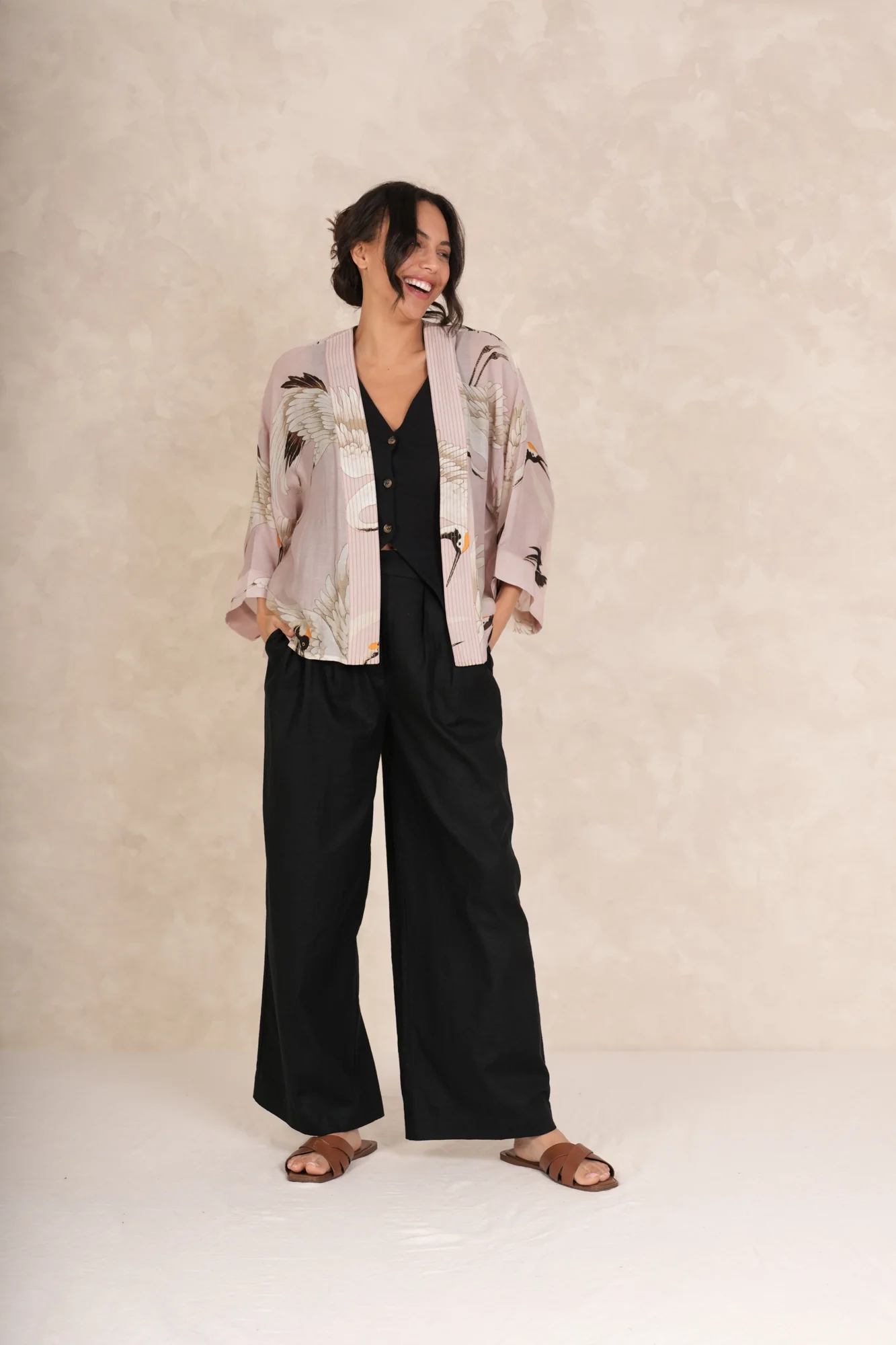 One Hundred Stars Stork Print Short Kimono Jacket in Plaster Pink - KIMSTORPP - Image 7