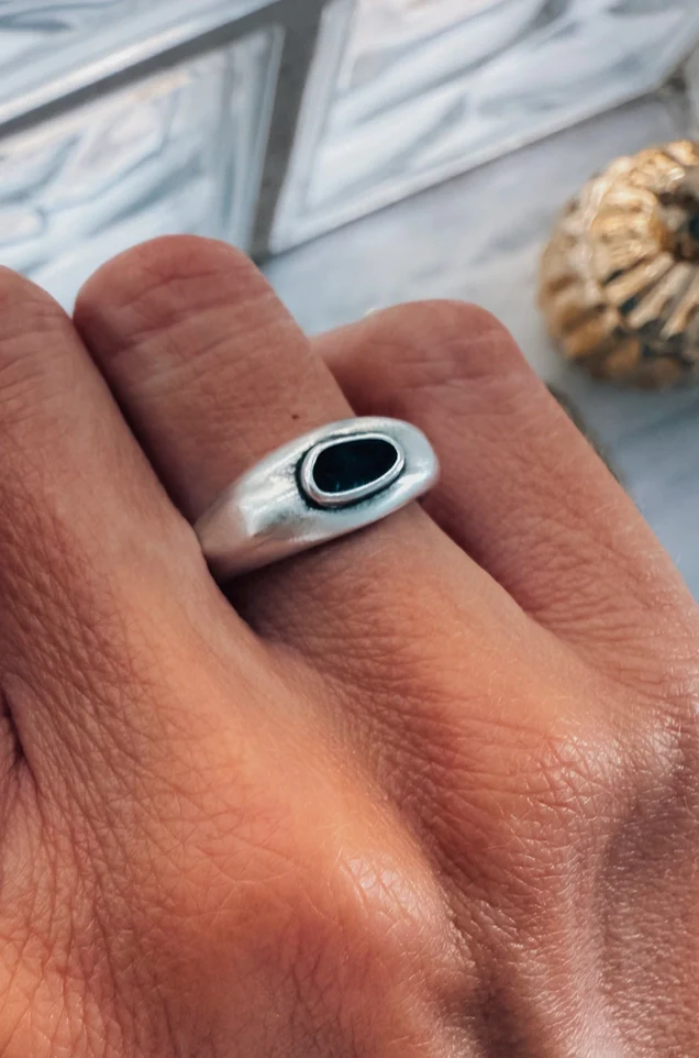 CYBER Silver Band Ring With Black Enamel Stone - Image 5