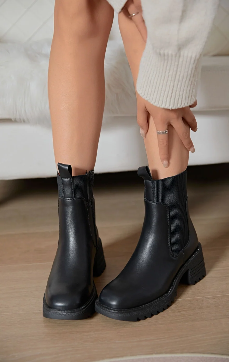 ESTHER Chunky Heel Square Black Ankle Sock Boots - Image 3