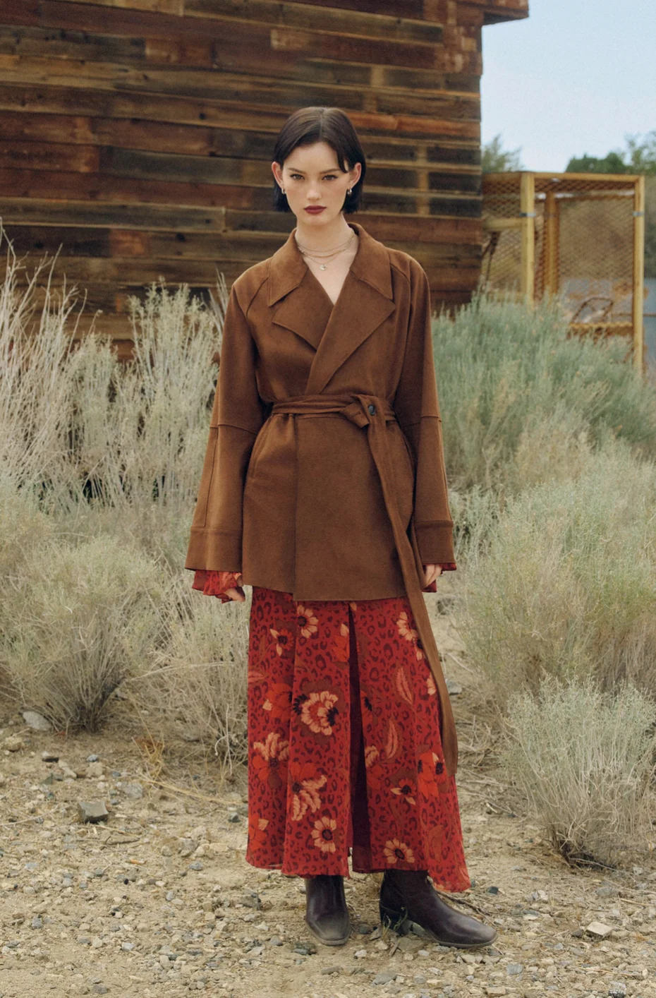 HARVEST Boho Floral Bell Sleeve Dress in Brandy Wine Red - Image 3