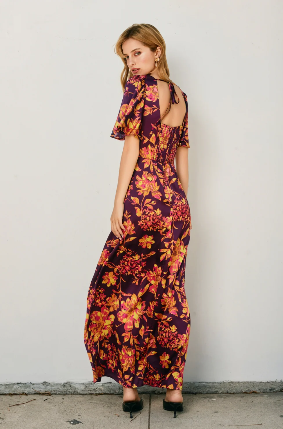 HORIZON Flutter Sleeve Silk Feel Floral Maxi Dress with Split - Image 3