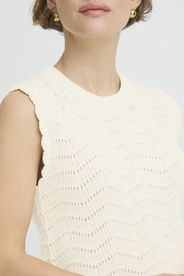 NERO Knitted Lacey High Neck Sleeveless Top in Birch Cream - Image 11