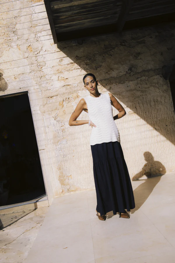 NERO Knitted Lacey High Neck Sleeveless Top in Birch Cream - Image 5