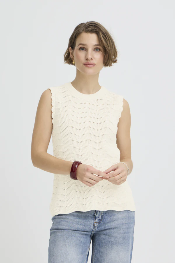 NERO Knitted Lacey High Neck Sleeveless Top in Birch Cream - Image 9