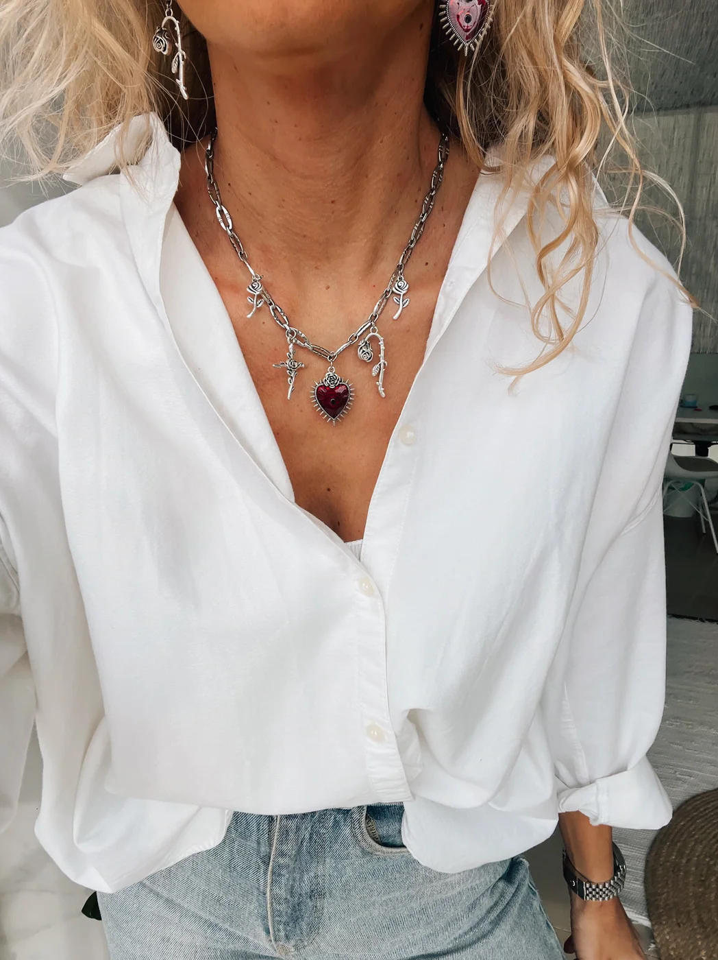 NOESIS Silver Heart and Rose Charm Necklace - Image 4