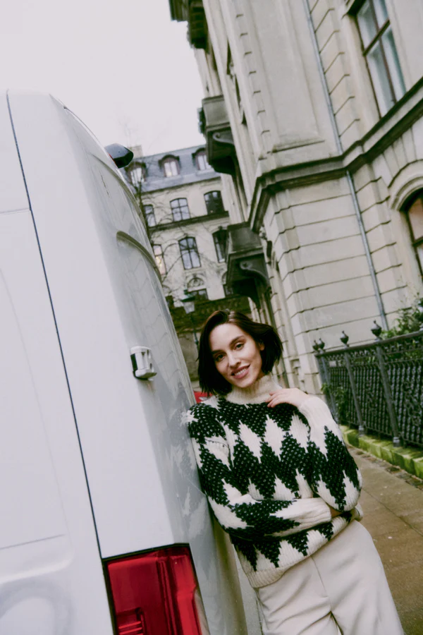 OMHU Jacquard Diamond Black and White Roll Neck Jumper