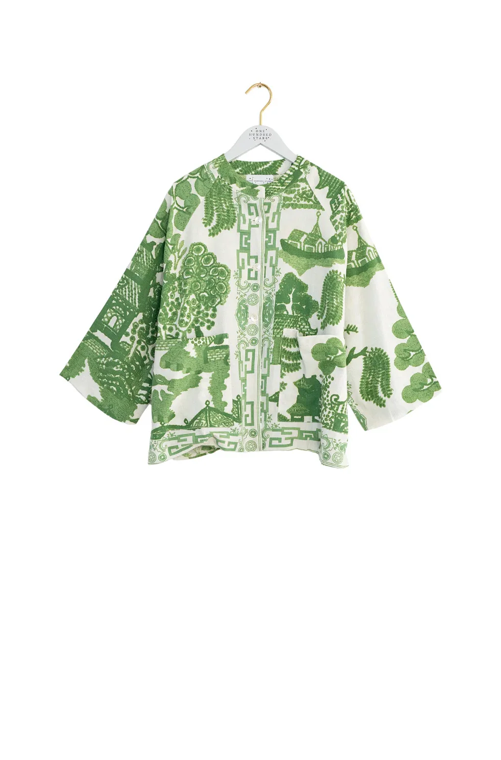 One Hundred Stars Linen Short Summer Jacket in Green Giant Willow Print - LINGIWGRN - Image 5