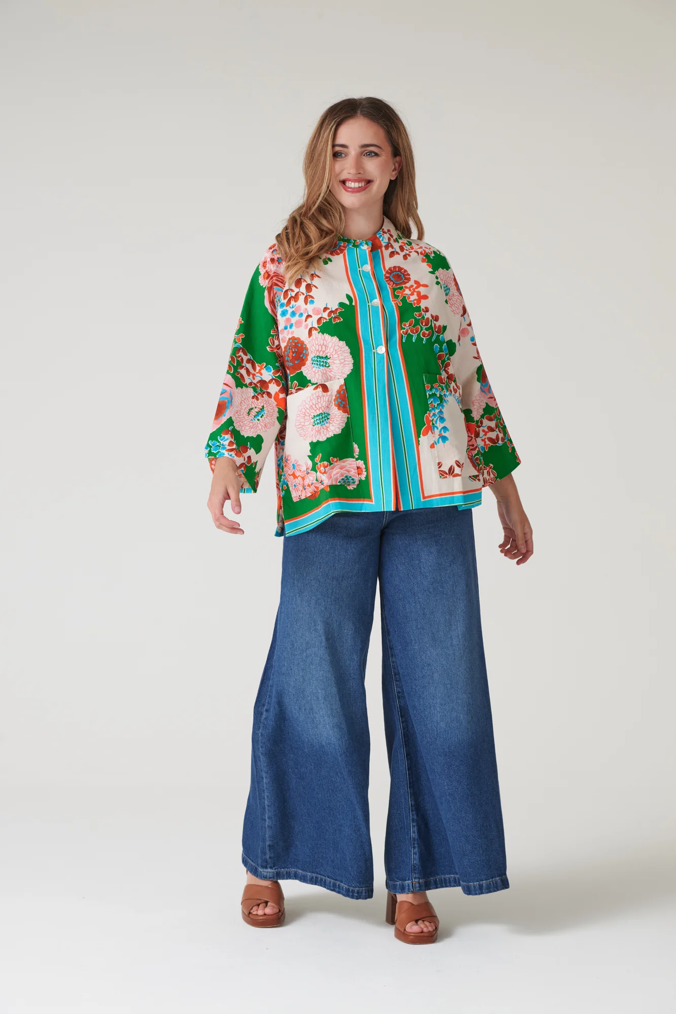 One Hundred Stars Linen Short Summer Jacket in Green Kitsch Bouquet Print - LINKITGRN - Image 5