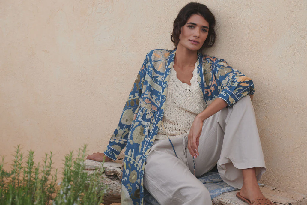 One Hundred Stars Mid Length Cotton Duster Kimono in Blue Susani Print - DUSSUSBLU - Image 3