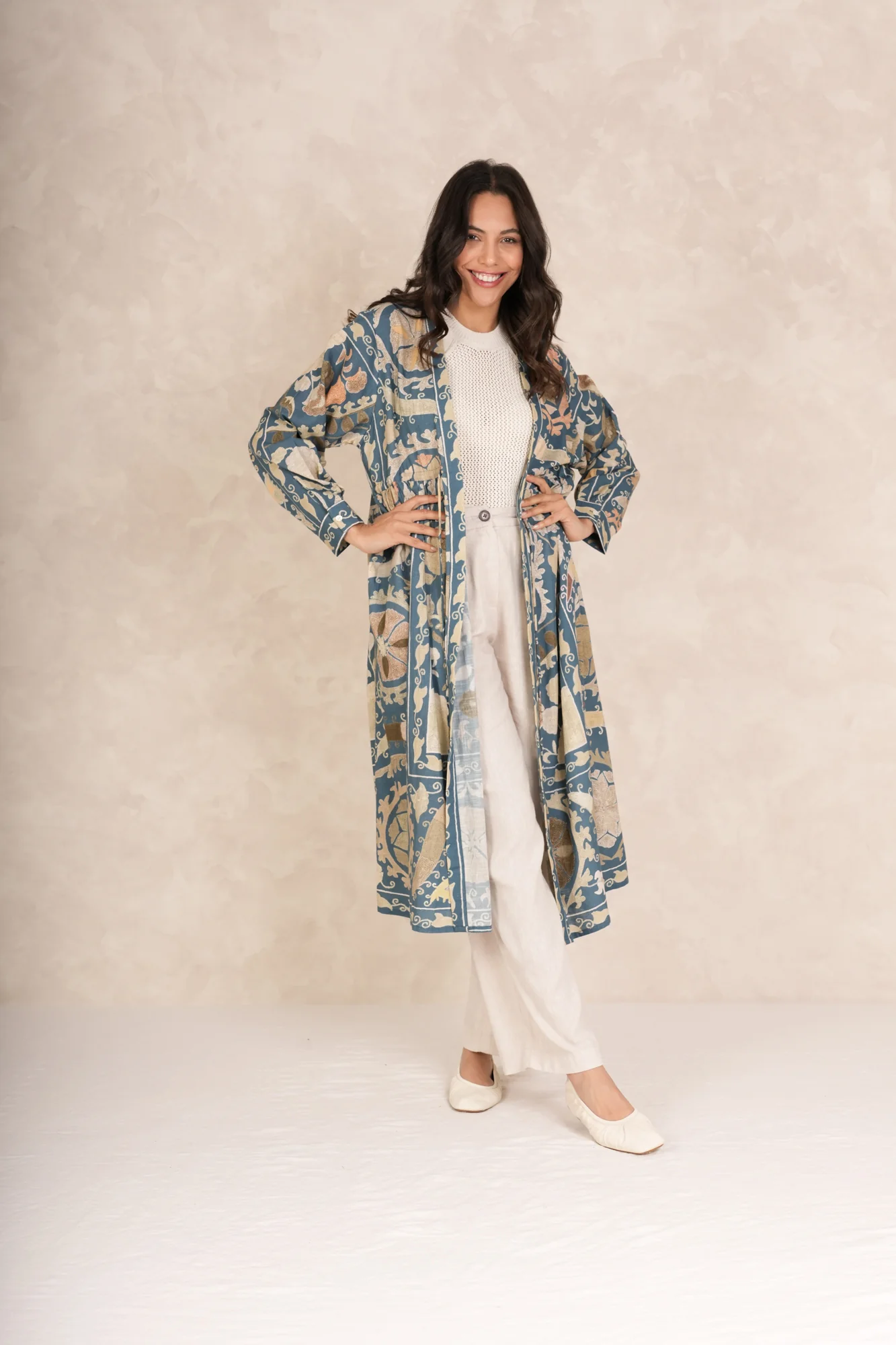 One Hundred Stars Mid Length Cotton Duster Kimono in Blue Susani Print - DUSSUSBLU - Image 8