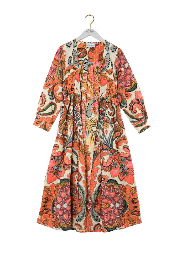 One Hundred Stars Mid Length Cotton Duster Kimono in Orange Fiesta Print - DUSFIEORA - Image 8