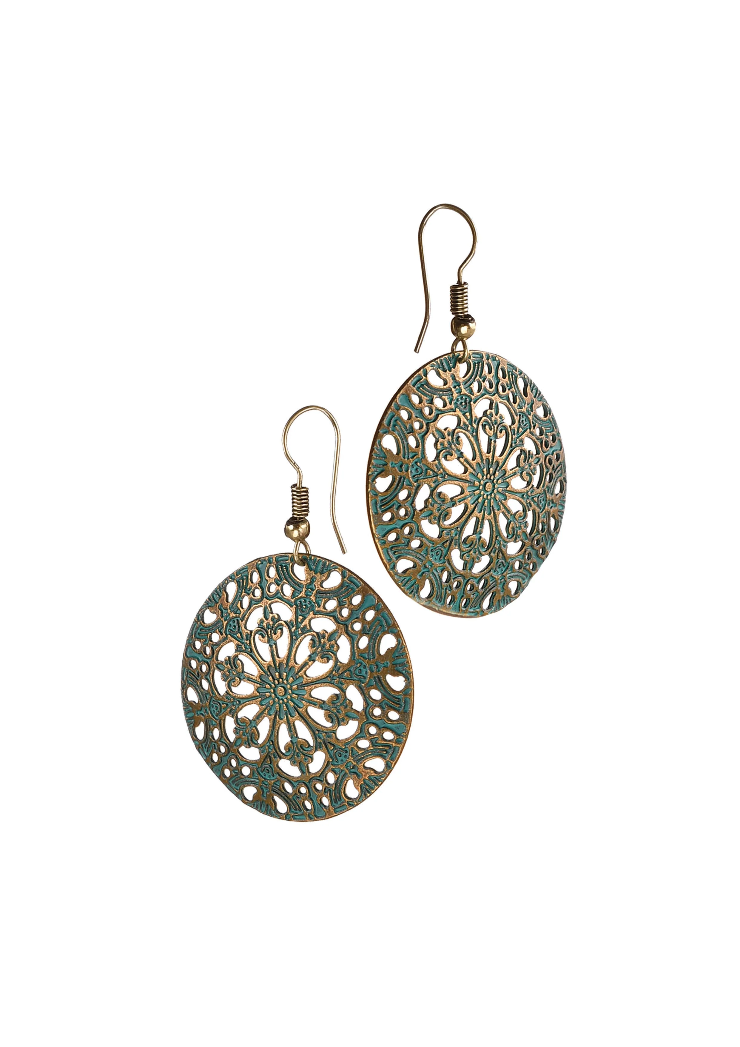 Saxon Shield Drop Statement Earrings in Verdigris and Aged Bronze - KK539