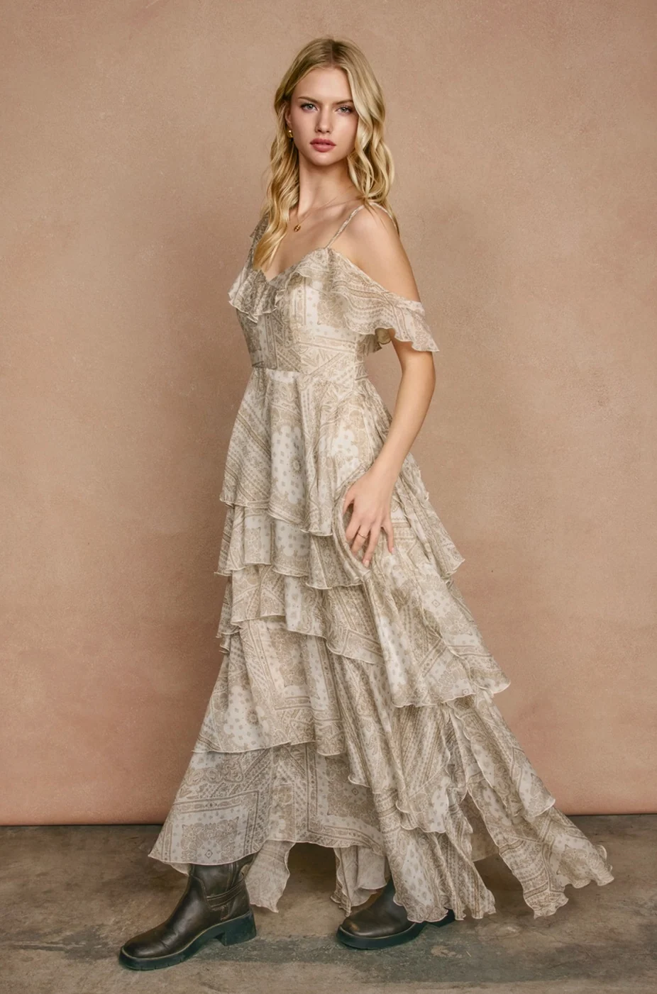SERENE Faded Walnut Asymmetrical Flowy Tiered Maxi Dress in Bandana Print - Image 4