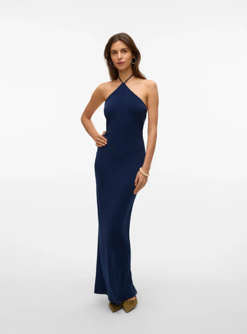 SIENNA String Halter Neck Slim Split Dress in Dark Sapphire - Image 3